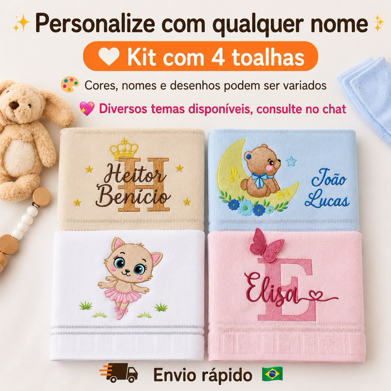 Kit 2 ou 4 Toalhas Personalizadas com Nome Bordado | Toalha de Boca Infantil para Creche e Escola