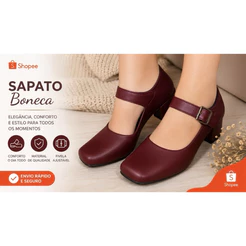 Sapato Boneca Feminino Marsala Salto Grosso Confortável Casual e Social