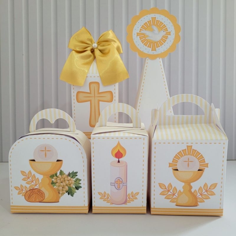 Personalizados Primeira Eucaristia Amarelo Desmontada Caixinha Lembrancinha Kit Festa Luxo Batismo Comunhão Menina Meni