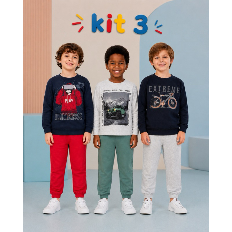 Kit 3 Moletom Infantil Juvenil Menino Inverno Conjunto Roupa Frio Quente Macio Confortável Oferta