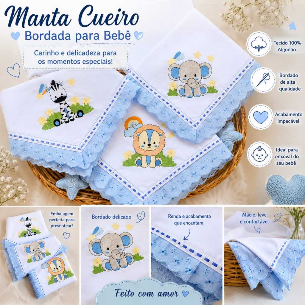 KIT MANTA CUEIRO 3 PEÇAS BORDADO 100% ALGODAO SAFARI