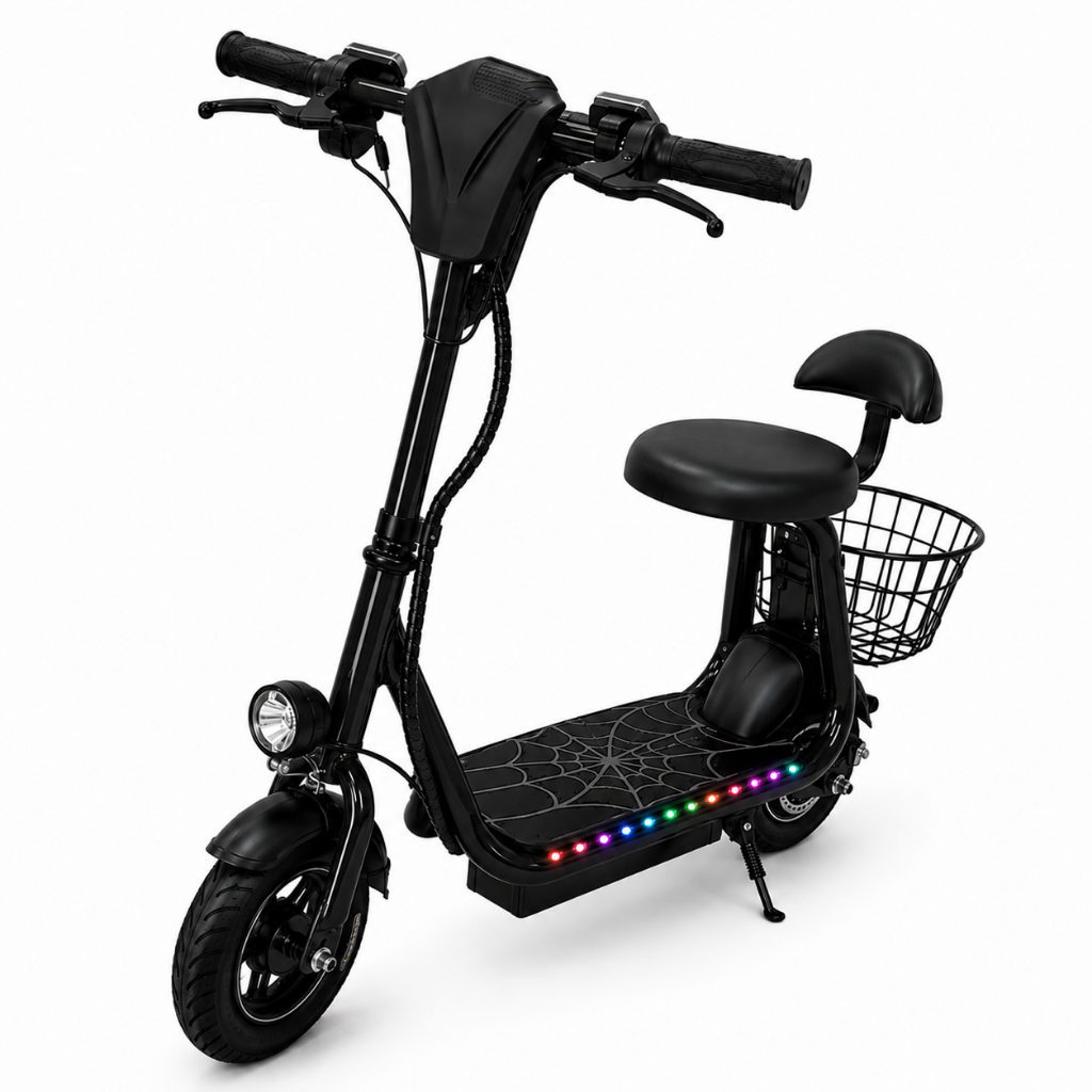Patinete Elétrico Suporta ate 80kg Infantil Homem Aranha 250W Mini Scooter Bluetooth LED Colorido Freio Farol Cesto