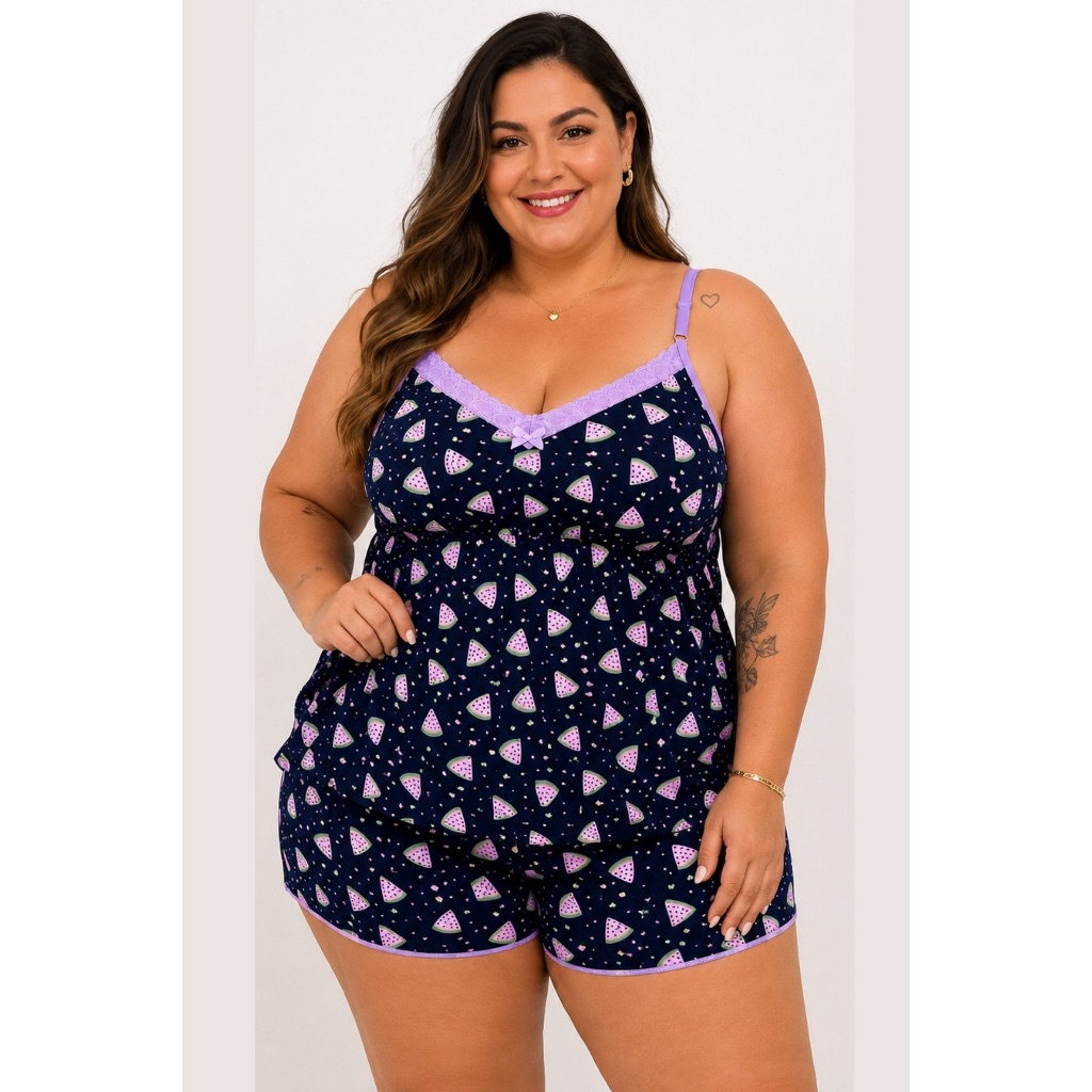 Pijama Baby Doll Feminino Plus Size Liganete Malha Fria Estampada Alça Regulável modelagem grande