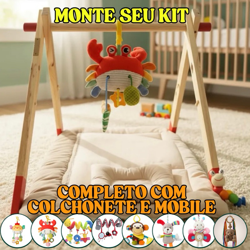 Imagem kit completo ginásio cavalete de atividades Montessori + tapete atividades + móbile - suporte móbile