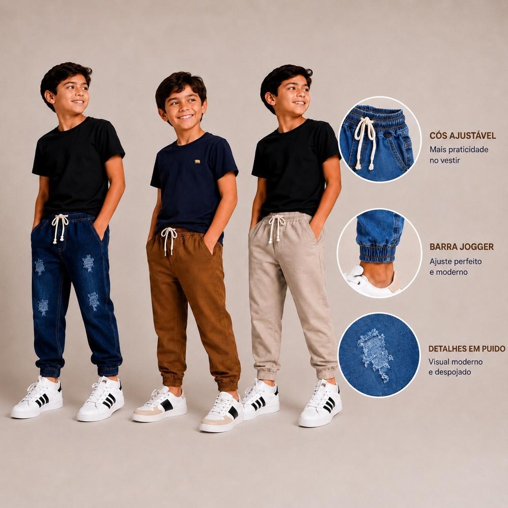 Kit 3 Calça Jogger Jeans e Sarja Brim Infantil, Juvenil Menino Cos Elástico Confortavel