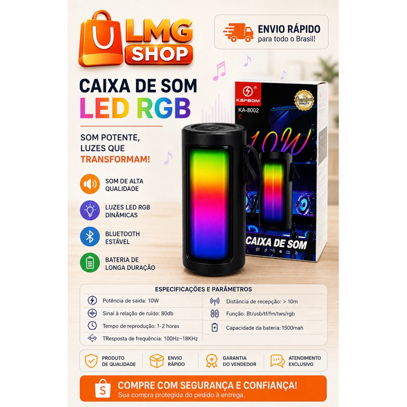 Caixa de Som Bluetooth Kapbom KA-8002 LED RGB 10W - SOM POTENTE - LED RGB - Bluetooth + FM + USB + TWS + SD - LMG Shop