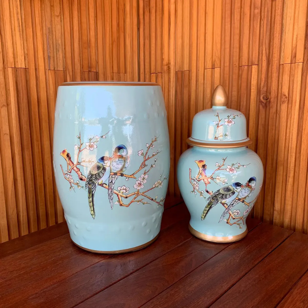 Seat Garden Cerâmica + Potiche De Porcelana Pássaros Azul