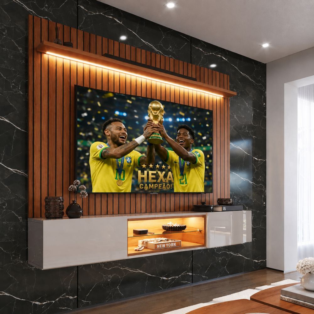 Painel com Rack Copa do Mundo Milano para TV até 70” com LED, Nicho Iluminado e Portas Basculantes
