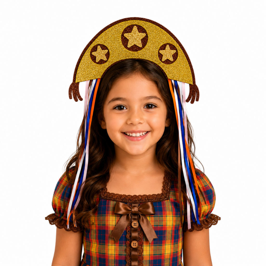 Piffer Tiara Cangaceira Maria Bonita Infantil Com Fitas Coloridas de Cetim Festa Junina Caipira