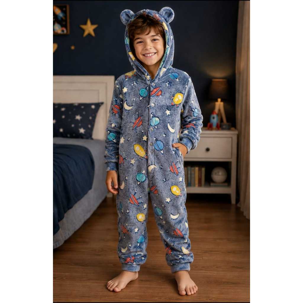 pijama ultra e soft macacão infantil com capuz e orelhinhas tamanhos 6,8,10,12,14,16