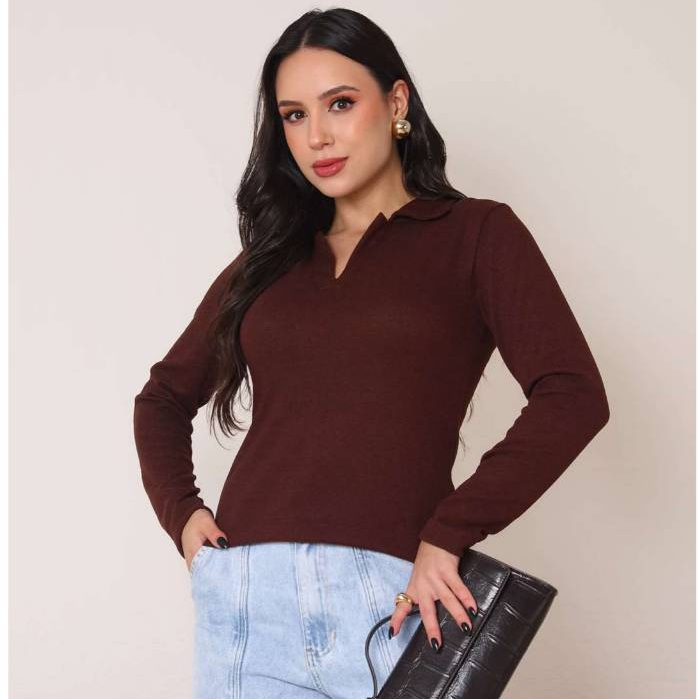 Blusa de Frio Feminina Tricot Gola Polo Suéter Inverno Casual Lanzinha Manga Comprida P M G GG