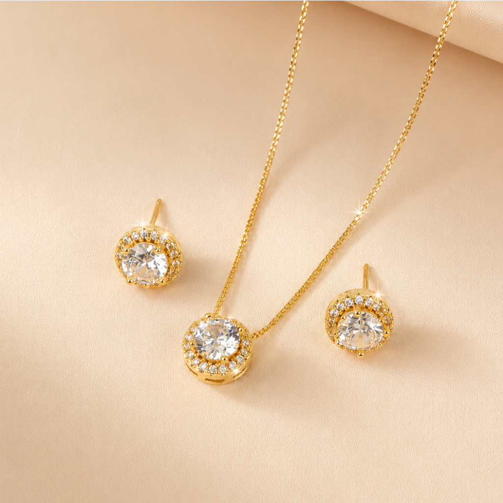 Conjunto Ponto de Luz 18k Feminino Luxo – Colar + Brinco Zircônia Premium