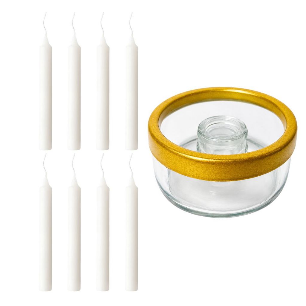 Kit C/8 Velas Palito Nº4 Branca Parafina + Castiçal de Vidro com Aro Dourado Uso Religioso Ideal para Oratório