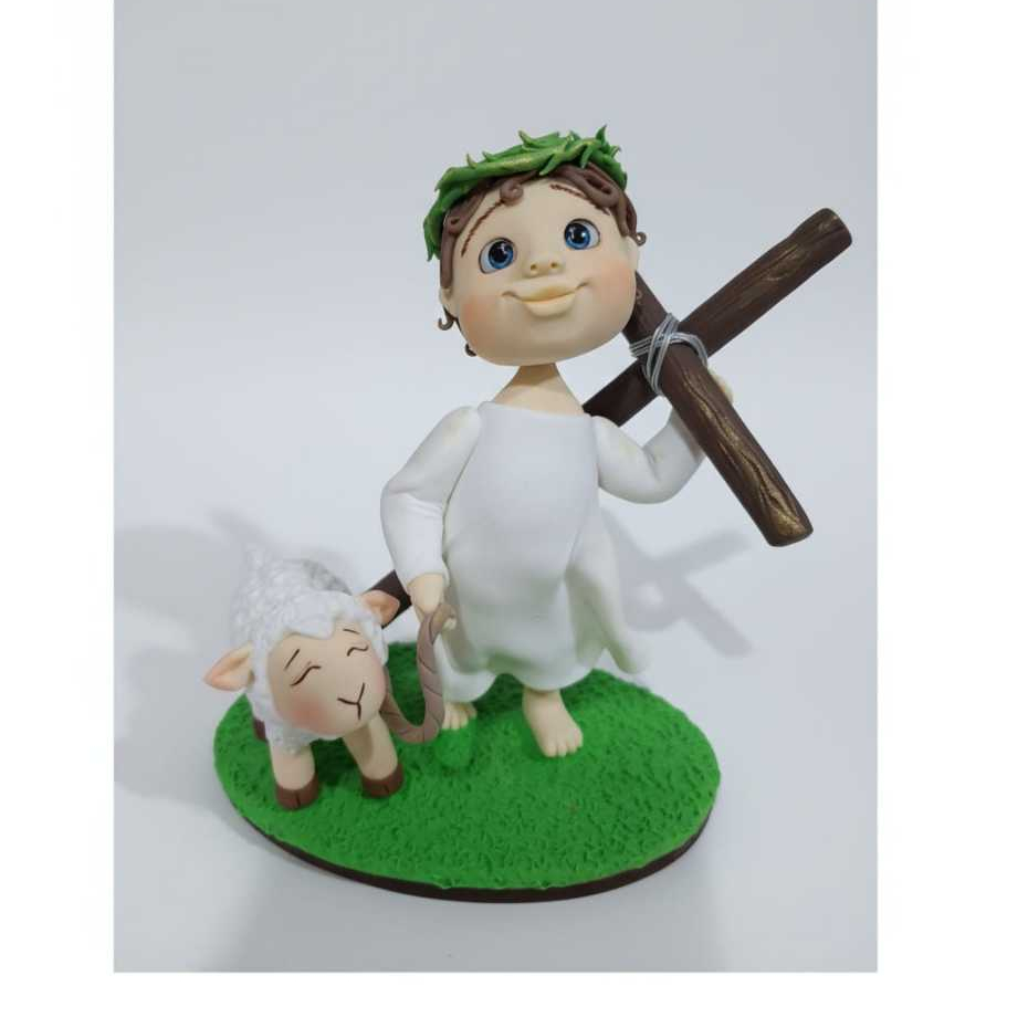 Menino Jesus Bom Pastor em Biscuit – Peça Religiosa Artesanal 17cm