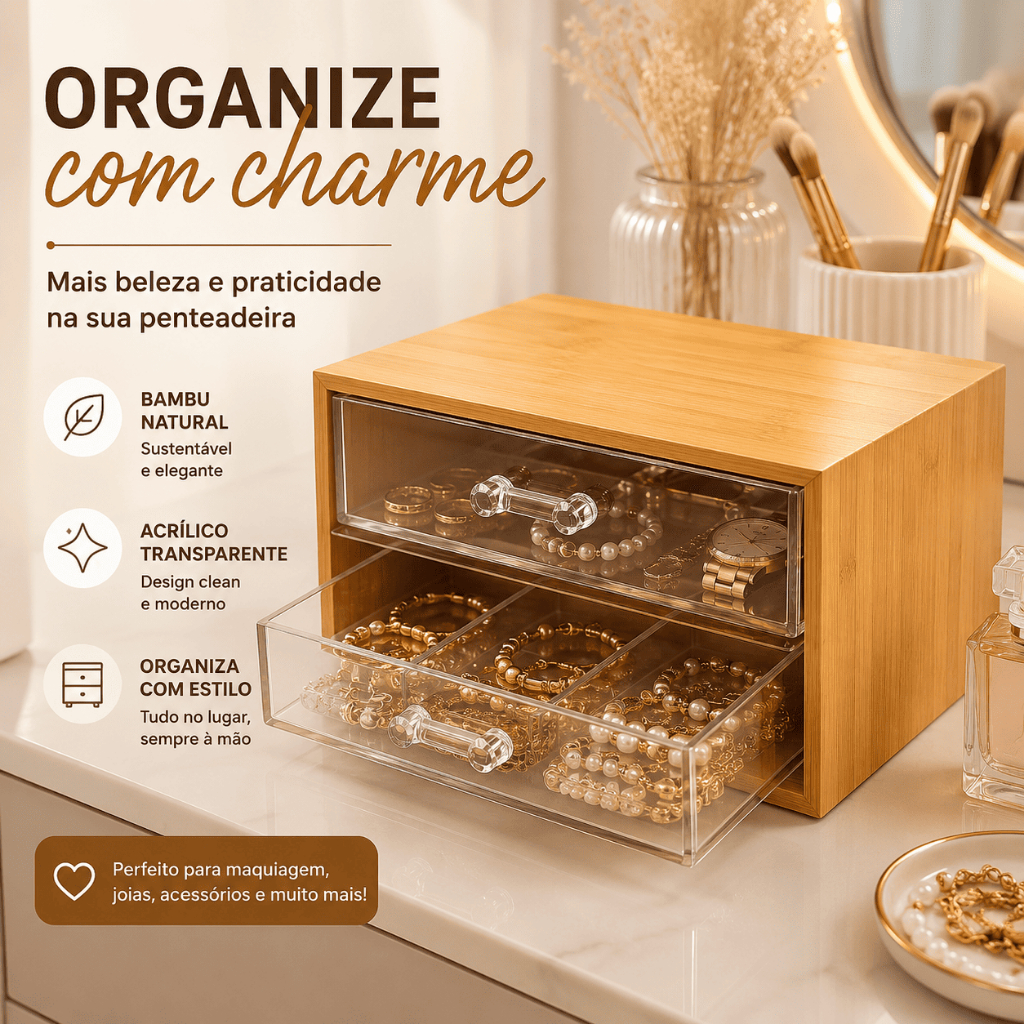Organizador Acrílico Bambu de Maquiagem Porta Cosméticos Joias Cílios 2/3 Gavetas Resistente Multifuncional