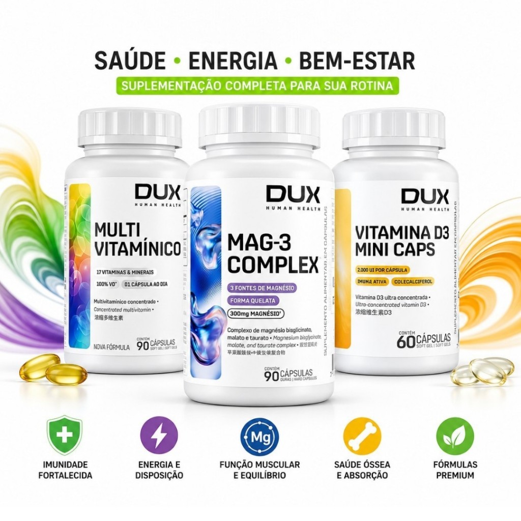 Kit Dux Mag-3 Complex 90 Cáps + Multivitamínico 90 Cáps + Vitamina D3 2000UI 60 Cáps - Energia Imunidade Saúde Completa