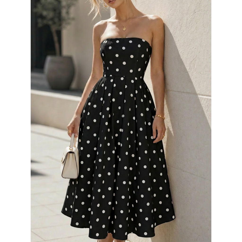 Vestido Feminino Longo Tomara Que Caia Poa Bolinha Lastex Soltinho Elegante