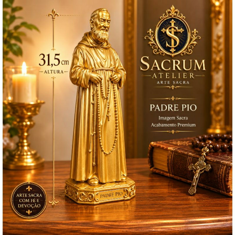 Padre Pio realista 31,5cm em gesso e pintura dourada automotiva