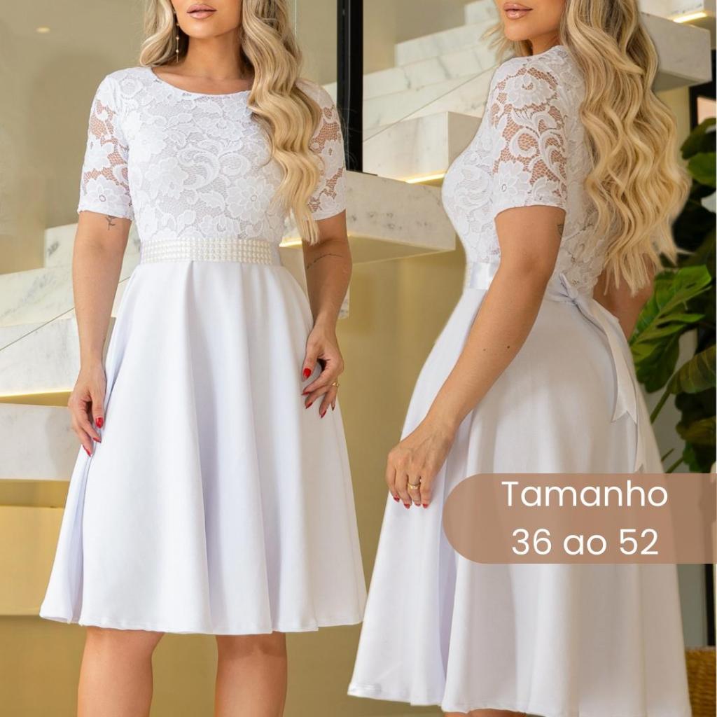Vestido em Renda Saia  Godê Evangélico Casamento Festas Formatura Manga Curta