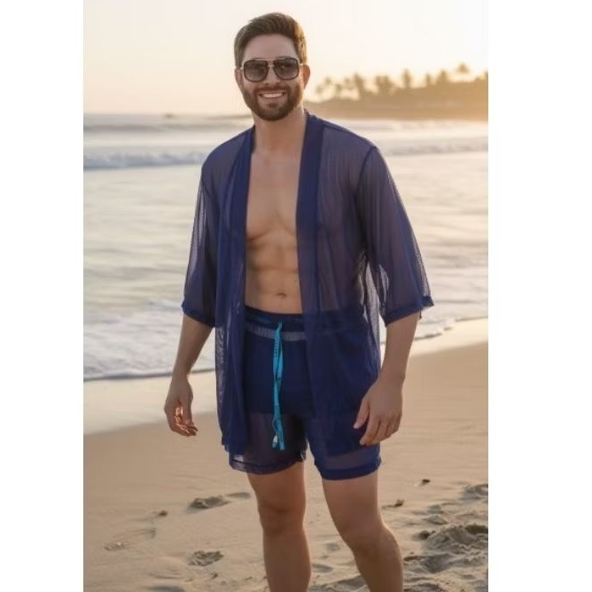 Conjunto masculino summer praiano em tule kimono e shorts