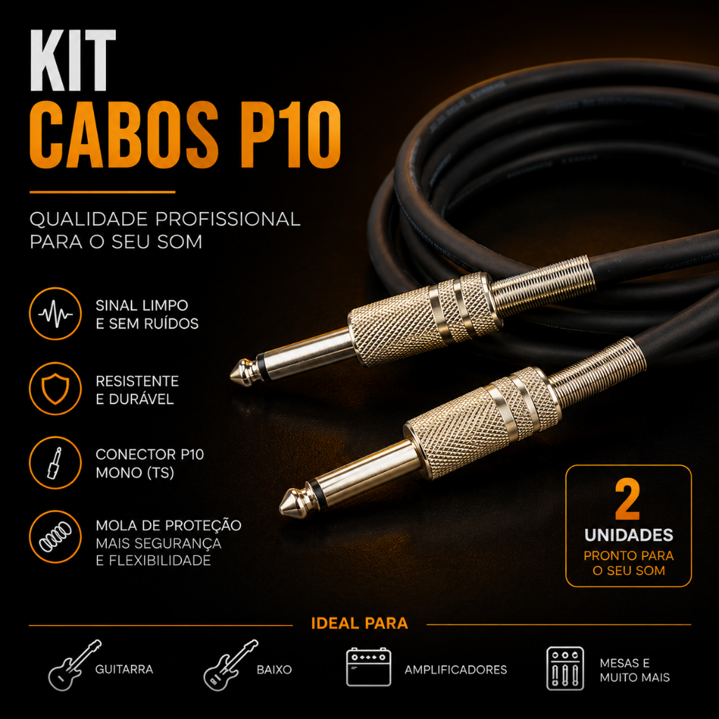 Kit 2 Cabos P10 Profissional 3 Metros Blindado Guitarra Violão Pontas Metálicas Reforçado