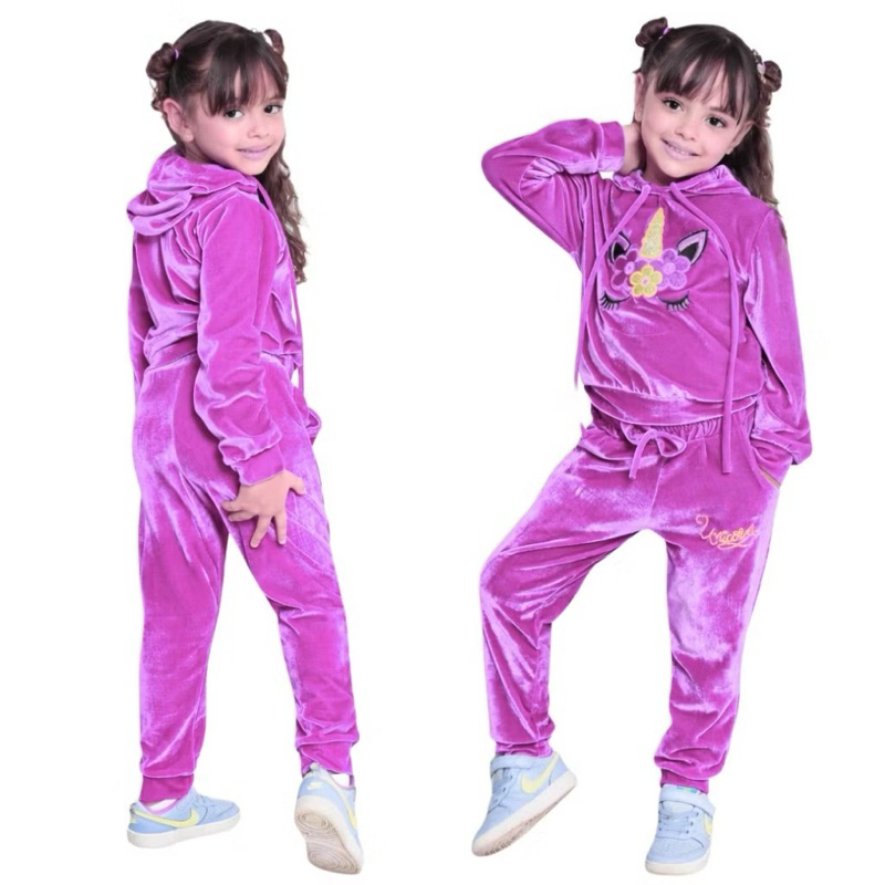 roupa de frio Infantil conjunto Unicórnio Menina Inverno Plush Aveludado Quentinho e Confortável