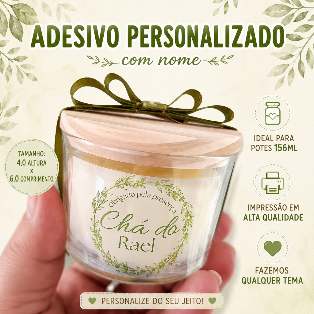 Adesivo Personalizado Vela 156ml Etiqueta Lembrancinha Maternidade Chá de Bebê Batizado Casamento com Nome