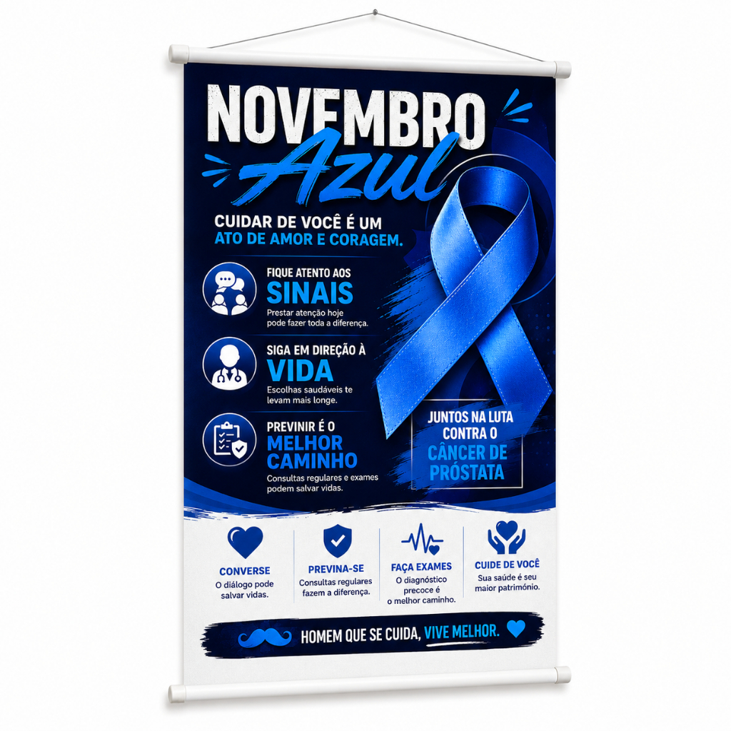 Banner Novembro Azul Conscientização Saúde do Homem produzido em lona. Cartaz Hospital Empresa Clínicas UBS Pub1148.