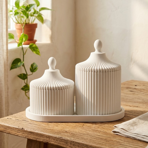 Conjunto Decorativo de Recipientes com Tampa Canelado Organizadores para Banheiro ou Quarto