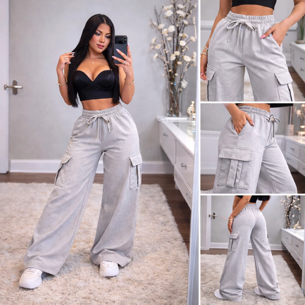Calça Moletom Flanelada Feminina Pantalona Cargo Inverno Calça Wide Leg Frio Quente