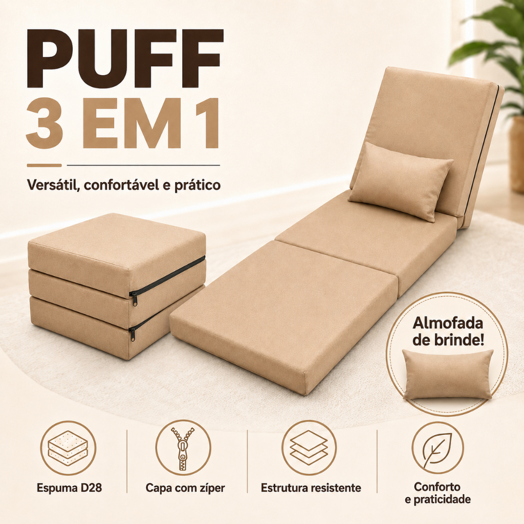 Puff Colchonete Dobrável 3 em 1 Solteiro Multiuso Espuma D28 Vira Cama Colchão + Almofada Portátil
