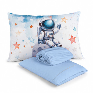 Kit Solteiro 3 Peças Astronauta Percal Flex 400 Fios Suave e Macio Lençol com Elastico + 2 Fronhas 70x50