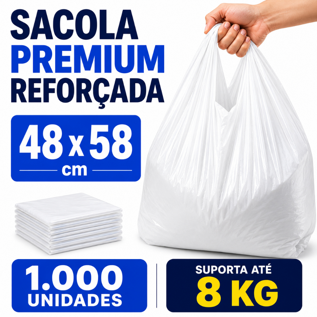 1000 Unidades Sacola Virgem Branca  Premium Reforçada 48x58 Mercado Padaria Açougue