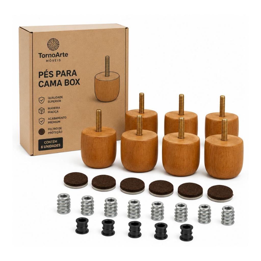 Kit Pés Cama Box Pes Madeira C/3cm Natural Casal + Bucha Americana Mel ou Preto Super Resistente