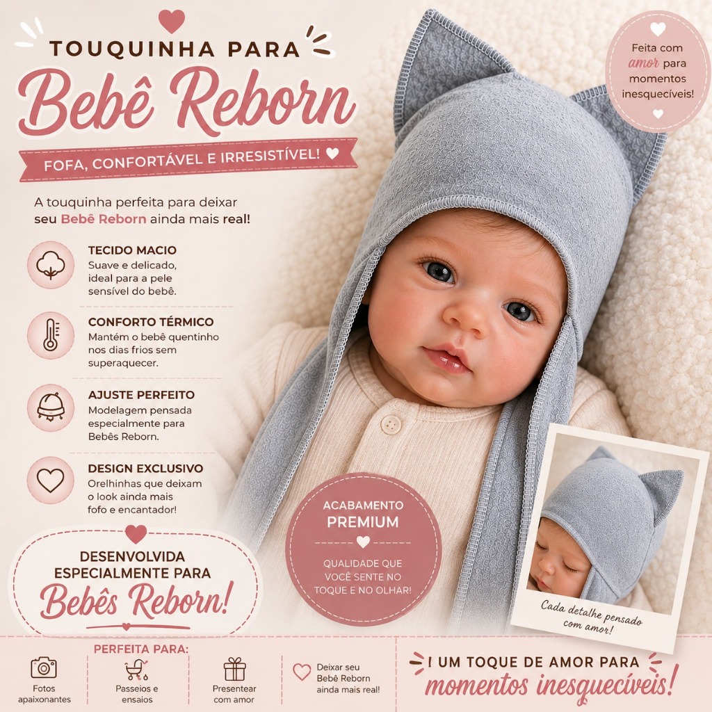 kit 3 Touquinhas com Orelhinhas para Boneca Bebê Reborn