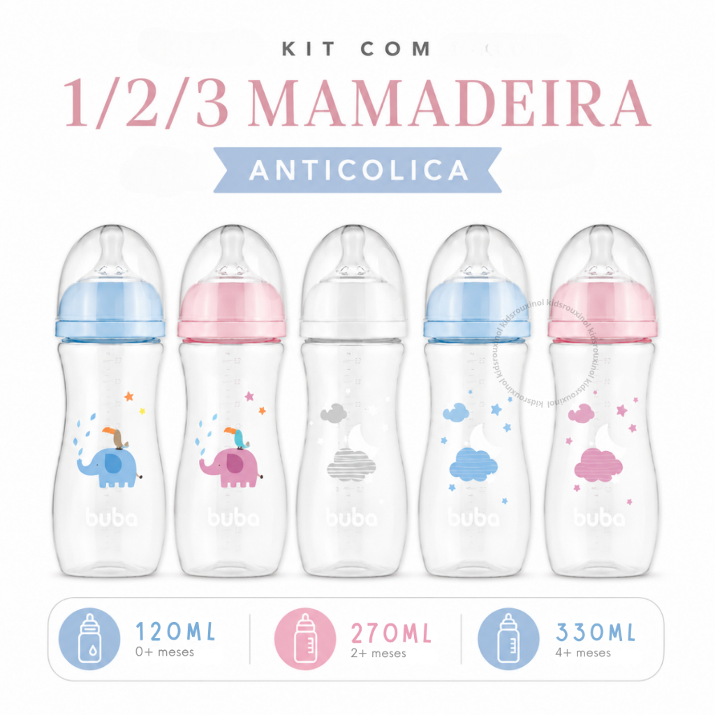 Kit Mamadeira Buba 1/2/3 Anticólica Buba 120ml 270ml 330ml Bico