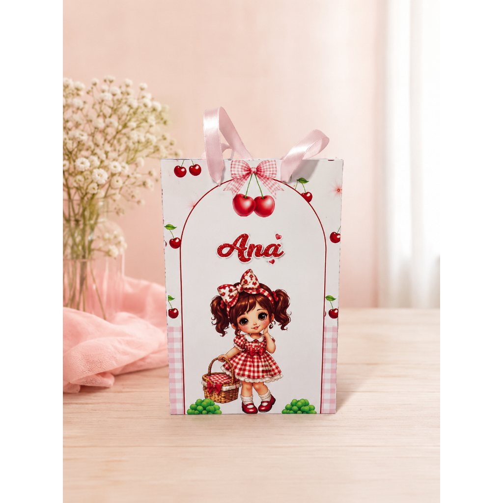 Sacola Personalizada Tema Cerejinha Festa Infantil Lembrancinha Luxo Menina 12x5x18cm
