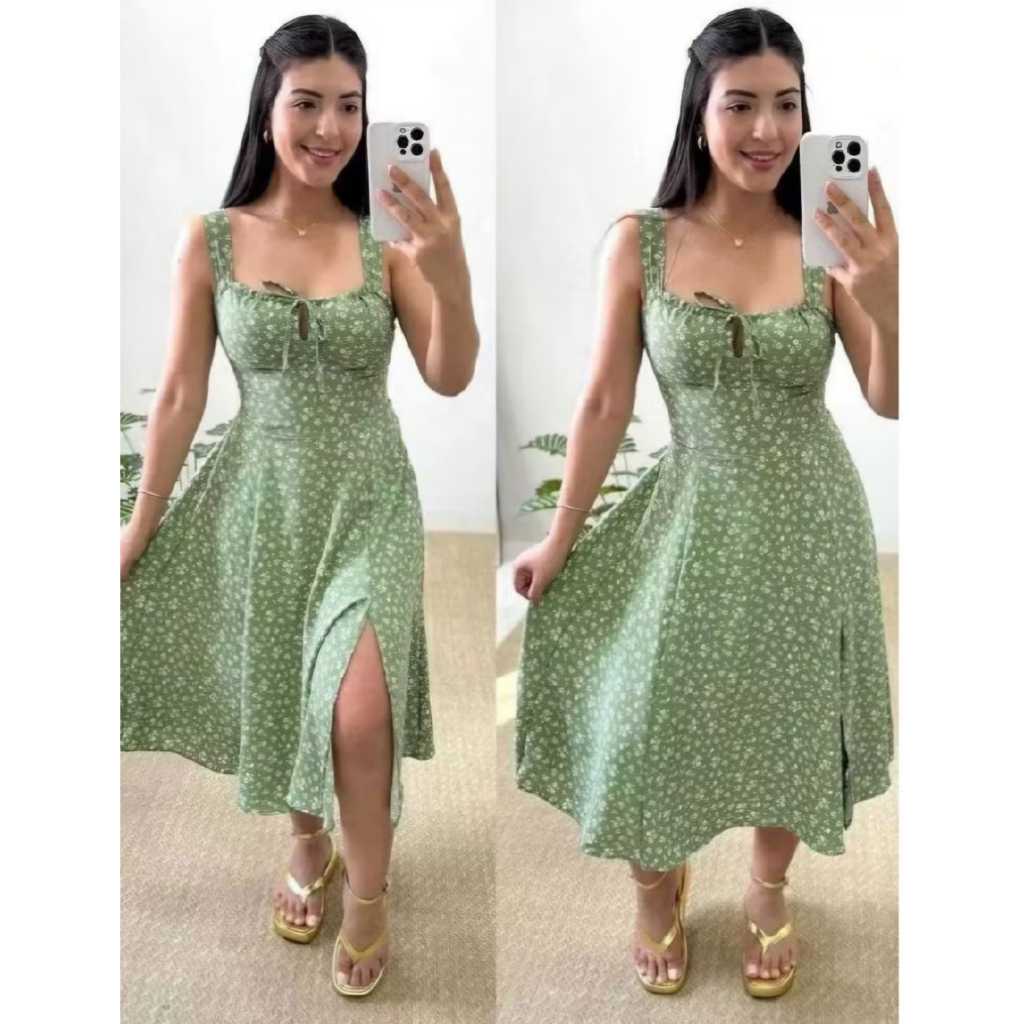 Vestido Midi Floral Feminino Com Bojo e Fenda Lateral Acinturado Elegante Verão