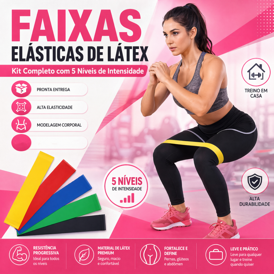 Kit Faixas Elásticas de Látex 5 Níveis de Resistência, Faixa de Treino para Glúteos, Pernas e Exercícios em Casa