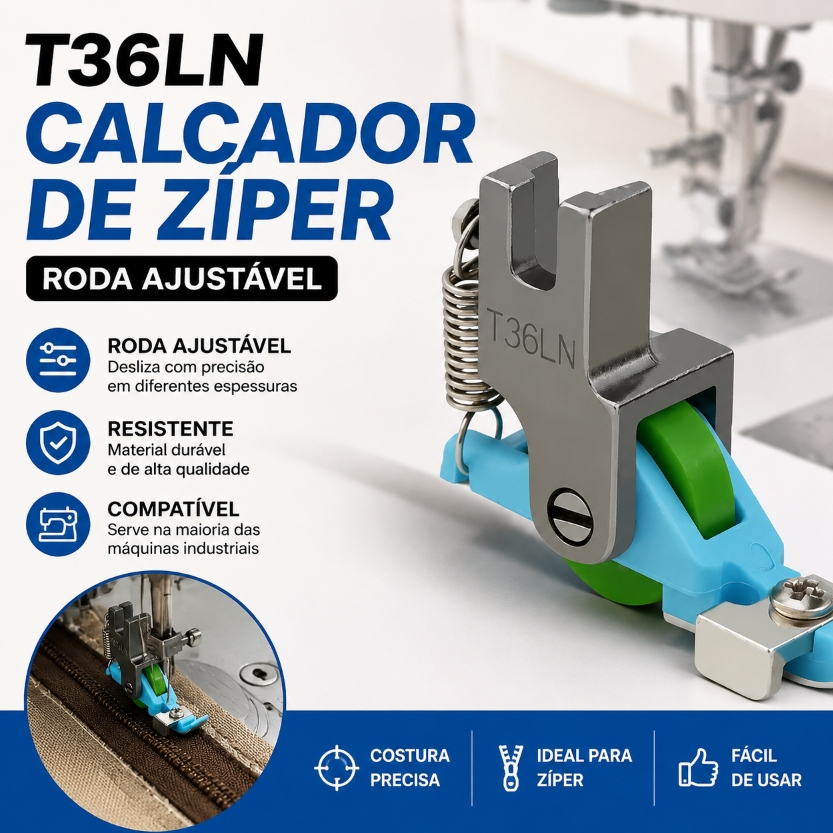 Calcador para Zíper Invisível Ajustável com Roda Lisa Industrial para Máquina de Costura Acessório de Costura
