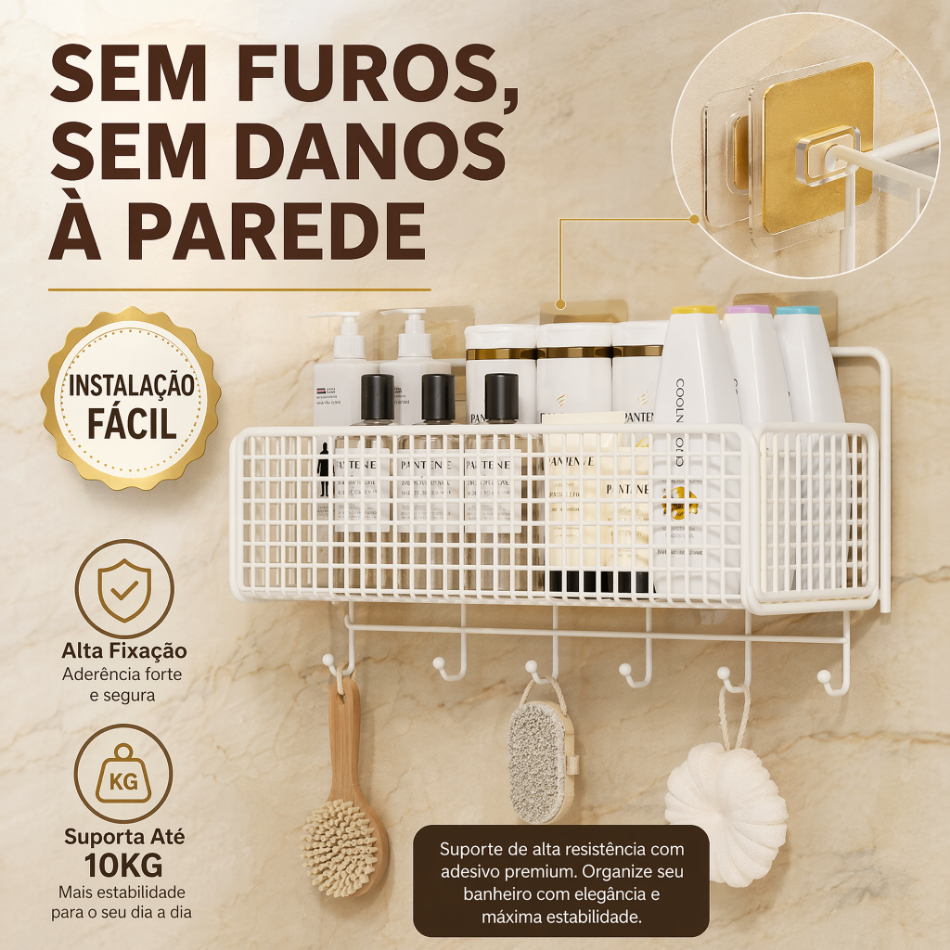 Cesta Organizadora Adesiva Sem Furos para Banheiro com 5 Ganchos Suporta Até 10kg Armazenamento de Higiene