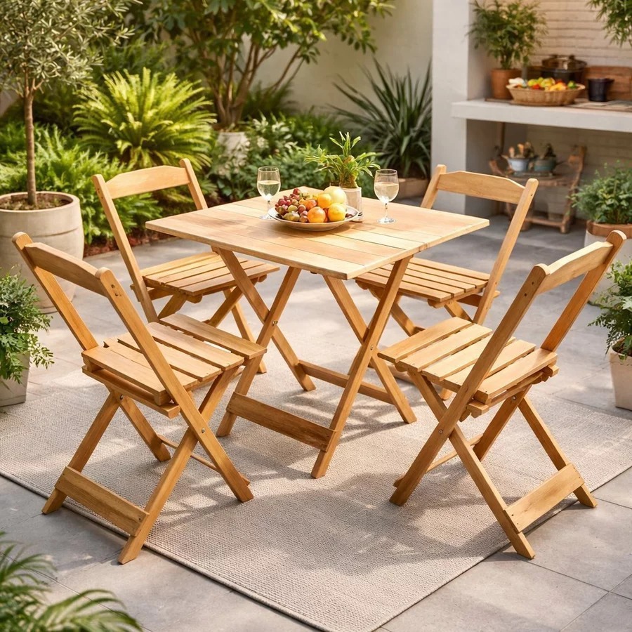 Jogo De Mesa Dobrável 70x70 Com 4 Cadeiras Madeira Maciça