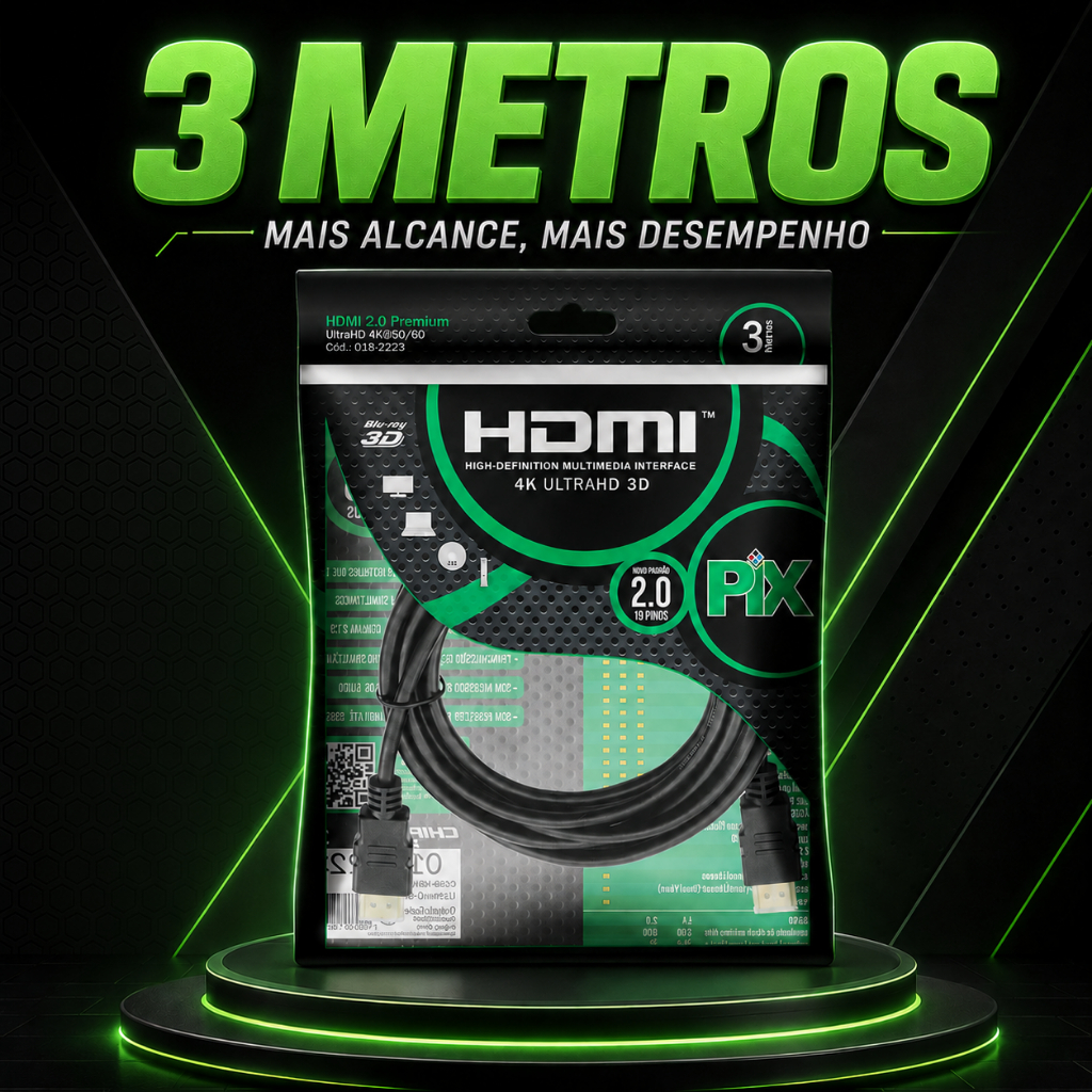 Cabo HDMI 2.0 3 Metros 4K Ultra HD 19 Pinos @60Hz PIX