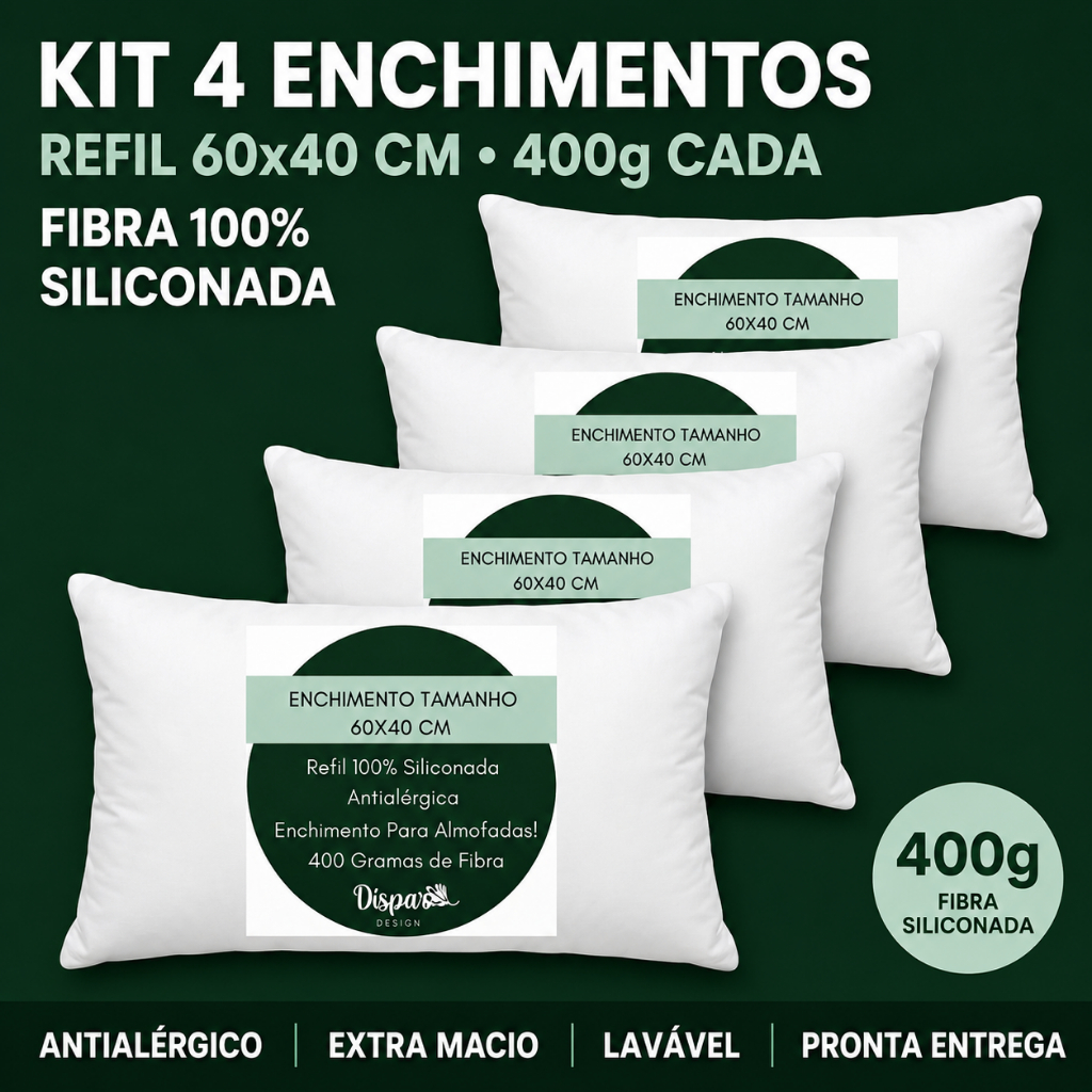 Kit 4 Refil Enchimento Almofada 60x40 cm | 400g Fibra 100% Siliconada Premium | Extra Macio Antialérgico