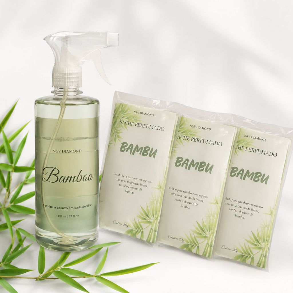 kit Água Perfumada Bambu 500ml+3 Sachês Aromáticos para Casa Roupas ambientes N&V Diamond Kit luxo