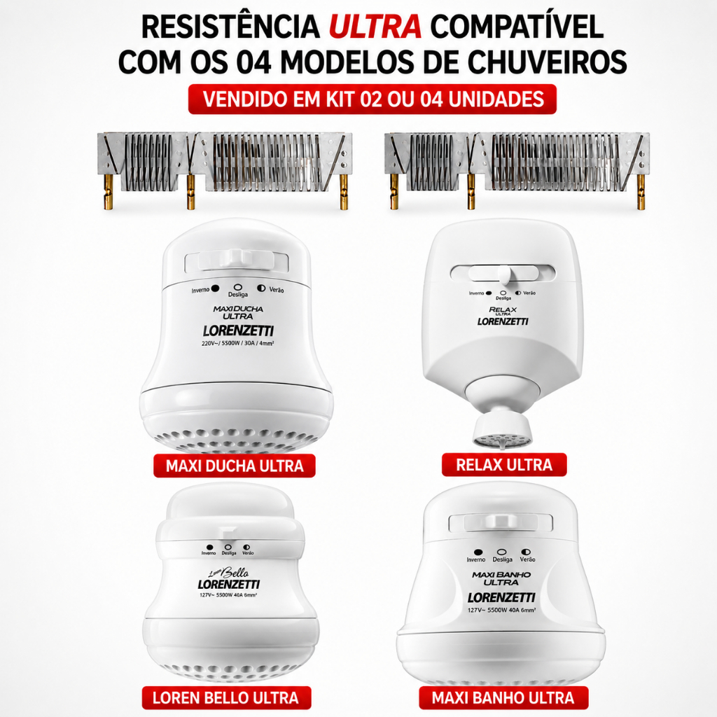Resistência Ultra Maxi Ducha Loren Bello Maxi Banho Relax 5500W PMR Kit 2 ou 4 Compatível