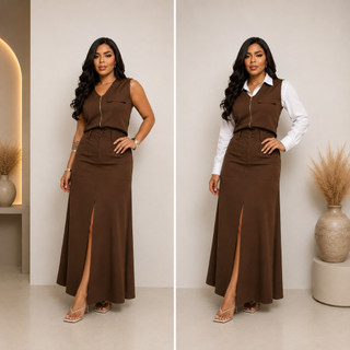 Conjunto Alfaiataria Social Feminino Saia e Blusa Marant Saia longa Com Fenda Colete Alfaiataria Ziper Conjunto Festa