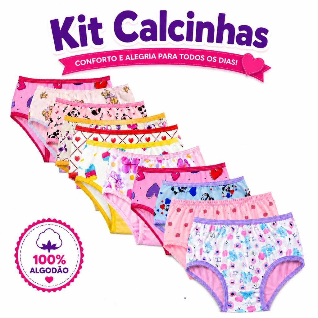 Kit De 10 ,12 ou 20 Calcinhas Infantis Menina 100% Algodao Com Forro de Algodão  Diversas Estampas