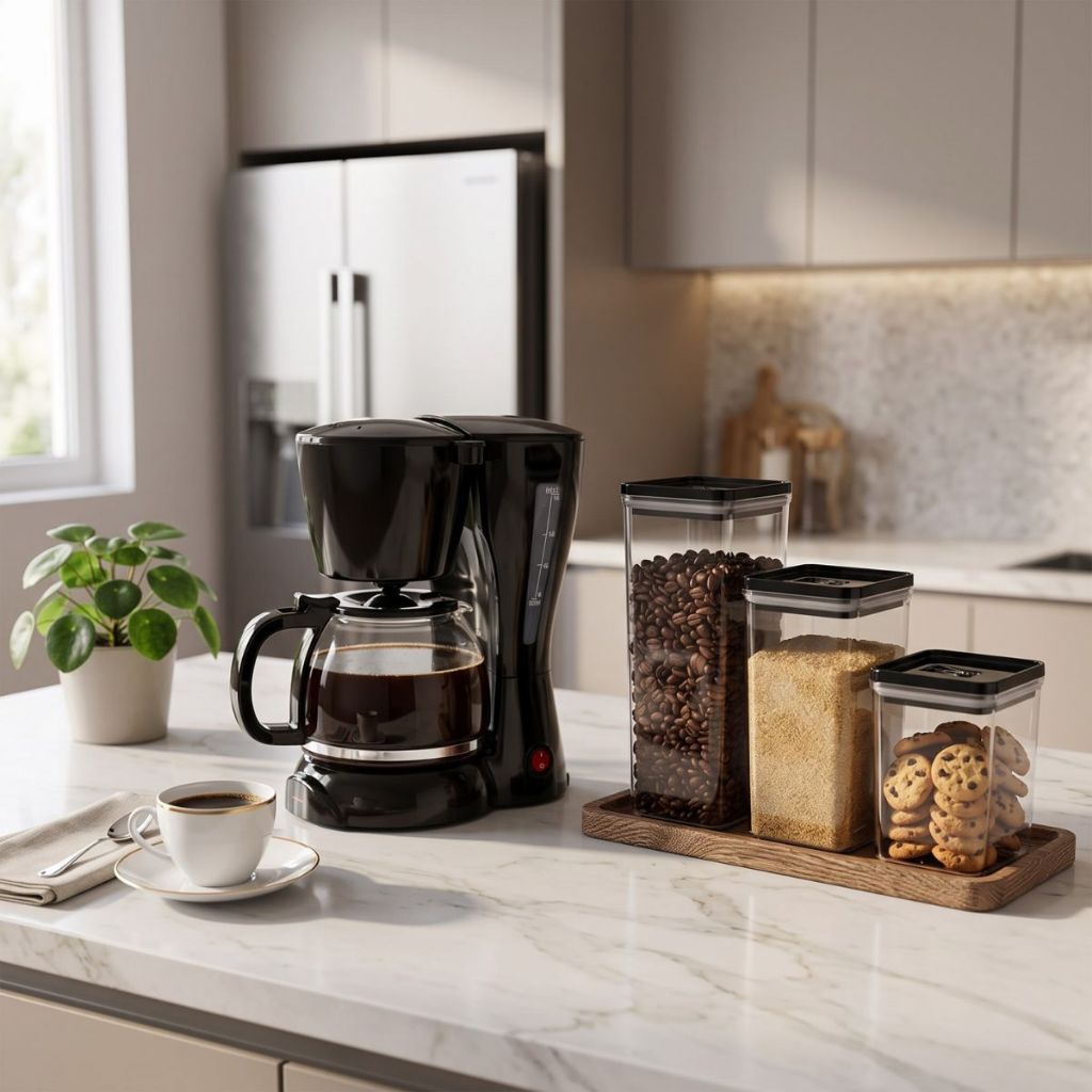 Conjunto para Cozinha Cafeteira Elétrica e 3 Potes com Tampa Hermética