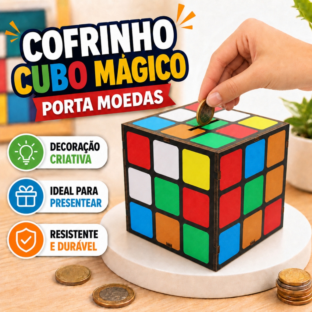 Cofrinho Cubo Mágico MDF Porta Moedas Cofre Decorativo Criativo para Casa e Escritório